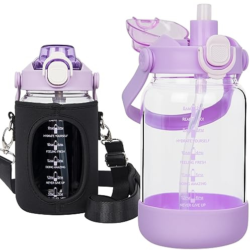 Seekua 1 litro Borraccia Vetro con Cannuccia & Motivazionale Orari per Bere 1l Grande Bottiglia Acqua Vetro con Infusore di Frutta Per Smoothie, Frutta