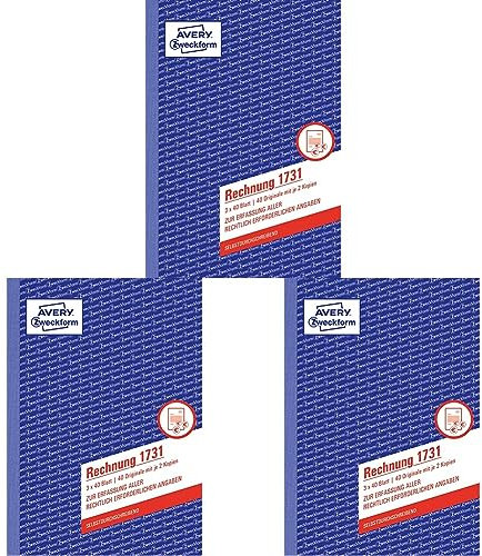 AVERY Zweckform 1731 Rechnung (A5, 3x40 Blatt, selbstdurchschreibend mit farbigen Durchschlägen, zur Erfassung aller rechtlich erforderlichen Angaben) weiß/gelb/rosa (Packung mit 3)