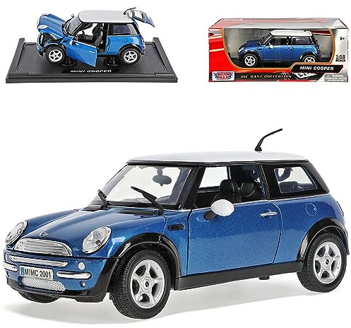 Motormax Mini Cooper R50 Blau mit Dach in Weiss 2001-2006 1/18 Modell Auto mit individiuellem Wunschkennzeichen