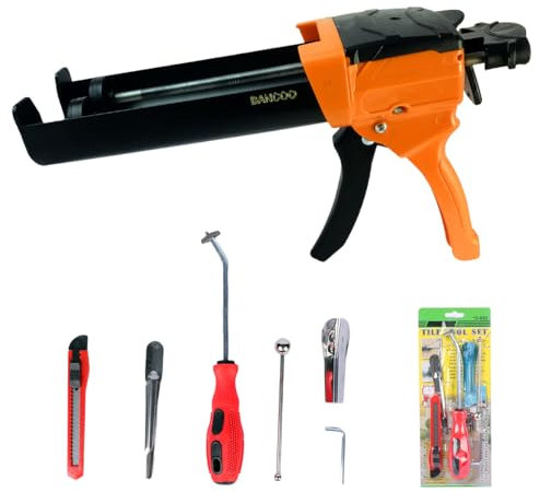 BANCOO Hydraulic Double Caulking Gun - 400mL 1:1 Mix Ratio Dual Component Epoxy Gun - Dripless Applicator with 6 Caulk Tools for Tile Grout & Adhesive（BC89C）