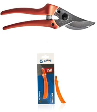 Original LÖWE Set bestehend aus Garten Rosenschere 14.107 zum Schneiden von Rosenbüsche, Rosenzweige, Äste und Schnittblumen & Klingenschärfer 0022 für Gartenscheren und Industriescheren