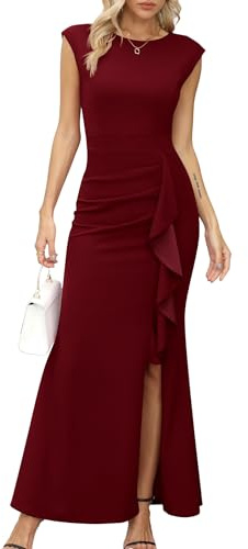 Missufe Robe de soirée maxi pour femme avec manches bouffantes et ouverture en forme de sirène pour mariage, cocktail, bal