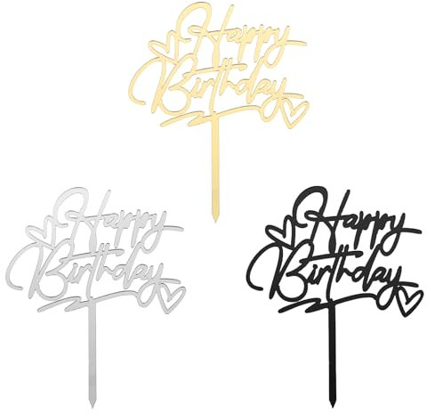 COMNICO 3PCS Cake Toppers Acrylic Heart ‘Happy Birthday’ Party Cupcake DIY Cake Insert Decorations Supplies (Black Gold Silver)