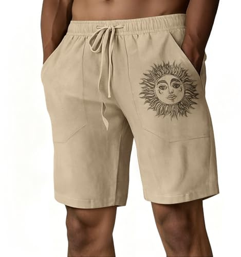 Puimentiua Pantalones cortos casuales de lino para hombre, ligeros, cintura elástica, pantalones cortos de playa para verano, Caqui, XX-Large