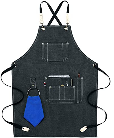 Werkzeugschürze, Arbeitsschürze mit Taschen, Tischlerschürze, Werkstatt-Werkzeugschürze, robuste Arbeitsschürze aus Segeltuch, Schweißschürze, Arbeitsschürze (Farbe: Grau, Größe: XL) (Farbe: Schwarz,