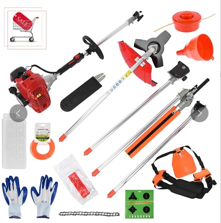 51.7cc 2-Takt Heckenschere, 1.4kw Rasentrimmer, 4in1 Rasenkantenschere, 25cm Strauchtrimmer mit Verschiedene Arbeitsstangen