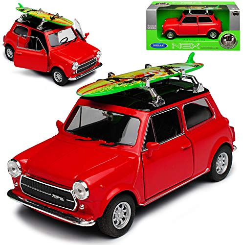 Welly Mini Cooper Ur Modell Rot mit Schwarzem Dach und Surfbrett 1959-2000 ca 1/43 1/36-1/46 Modell Auto mit individiuellem Wunschkennzeichen