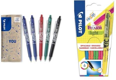 PILOT FriXion Clicker 0.7 – 5 Stück – Farben: 2x Blau, 1x Schwarz/Rot/Grün & FriXion Light, radierbarer Textmarker, 6er Set (Neonpink, Neongelb, Violett, Blau, Orange, Grün), 1 Stück (6er Pack)