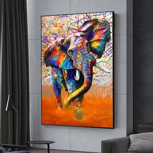 LSYALUCK Modernes abstraktes, farbenfrohes Elefanten-Ölgemälde auf Leinwand, Tierplakate, Wandkunst, Bilder für Wohnzimmer, Hoom Decor, 30 x 42 cm (12 x 17 Zoll), Innenrahmen