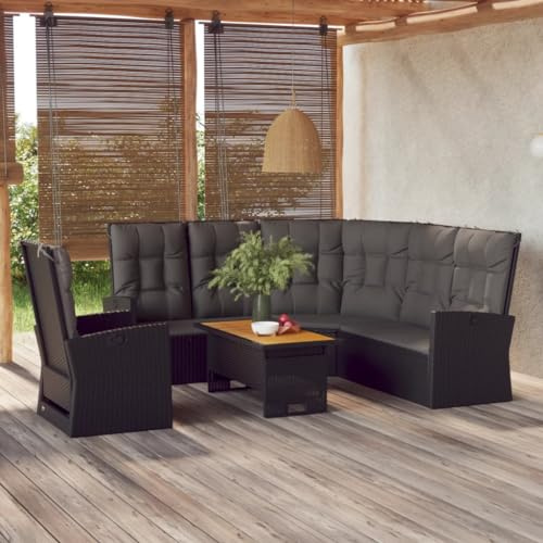 WEMYUFURN 3-TLG. Garten-Lounge-Set mit Kissen Schwarz Poly Rattan, Outdoor-Sitzgruppe, Terrassen-Lounge-Set, Garten-Couchgarnitur - Wetterbeständig, Komfortabel - für Terrasse, Garten und Balkon