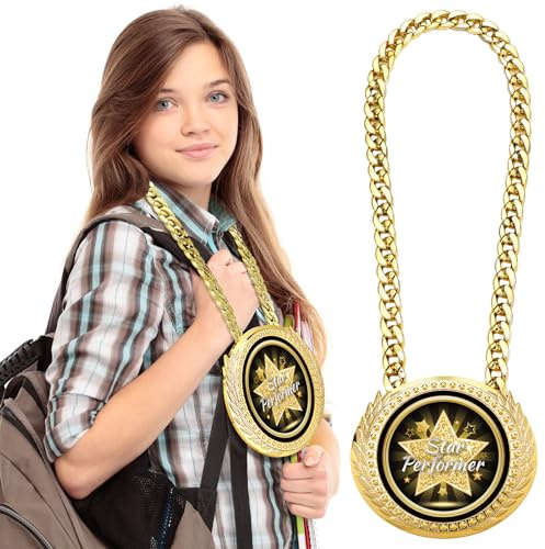 Tondiamo Star Performer Award Medals 6 Big Gold Turnover Chain Medal Champion Chain Trophy Necklace for College Student High School Graduation Participation Competition(1 Pcs)