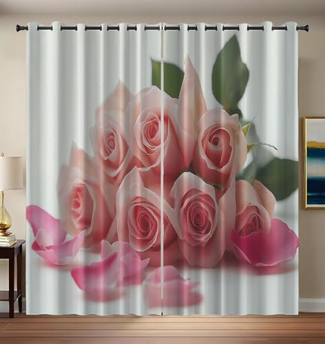 CEDNXOER Blackout Curtains 46x54 Inch Room Darkening White Fabric Eyelet Thermal Insulated Blackout Curtains,3D Pink Rose floral Patterns Window Curtains For Living Room