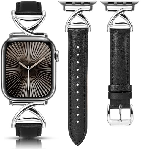 TOYOUTHS Leather Straps Compatible with Apple Watch Strap 38/40/41/42mm Women, Slim Dressy Soft Leather Bracelet with A-Shape Metal Buckle for iWatch Series 11 10 9 8 7 6 5 4 SE 3 2 1, Black/Silver