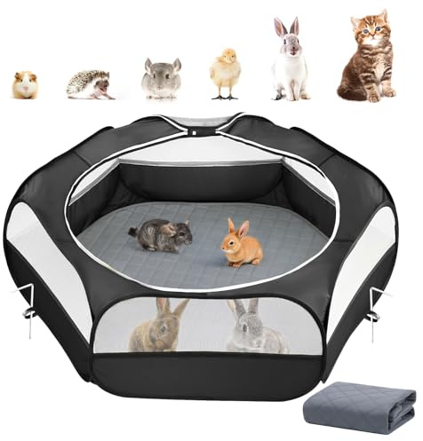 Parc pour Petits Animaux 2-en-1 avec Coussin, Cage pour Petits Animaux Imperméable avec Coussin Réutilisable, Clôture de Cour Extérieure avec 3 Tiges en Métal pour Poussin/Chaton/Chiot, Noir