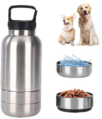 dijiusidy Tragbare Trinkflasche Hunde für Unterwegs, 3-in-1 Hunde Trinkflasche mit 2 Eine Abnehmbare Schüssel, Edelstahl Hundetrinkflasche für Unterwegs, Wandern, Reisen, Camping (Silber, 950ml)