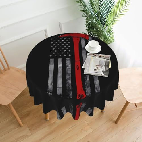WZYWHJ Firefighter Axe Red Line Flag Picture Round long tablecloth anti overflow and wrinkle resistant dining table cloth 60 inches