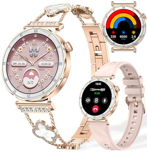 Smartwatch für Damen, 1,19 AMOLED HD-Bildschirm Damen-Smartwatch, Fitness-Tracker mit Herzfrequenz-/Schlafmonitor, Bluetooth-Anruf, IP67 wasserdicht, Kompatibel mit iOS & Android (Luxus Gold RT-i222)