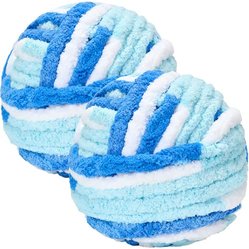 Bafeil Grobes Garn zum Handstricken, 250 g x 2, superweiche, dicke Wolle zum Häkeln & Stricken, flauschiges Chenille-Garn für gemütliche Decken, Schals, Mützen, Armstricken, Farbverlauf Blau