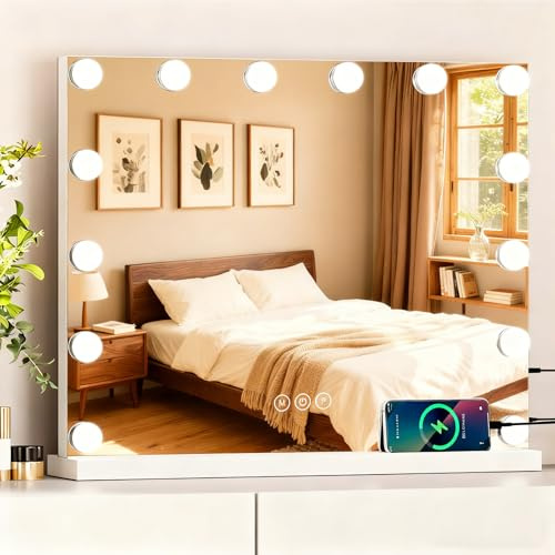 eklipt Hollywood Schminkspiegel mit Beleuchtung 50x42cm, Spiegel mit Beleuchtung,14 Dimmbare Groß LED Licht 3 Farbtemperatur Licht mit USB 10X Vergrößerung Weiß