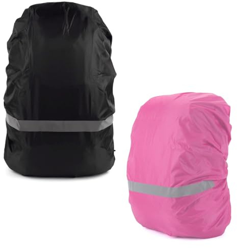 2 Pezzi Copri Zaino per Pioggia, Copri per Pioggia di Zaino con Strisce Riflettenti, Antipolvere, Resistente all'Usura, per Ciclismo, Campeggio, Viaggio, S/M, Nero＋Rosa