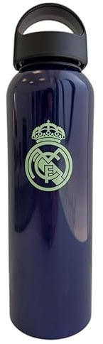 Real Madrid Botellas de aluminio 500ml / 600ml | Oficial con licencia | Diseño deportivo blanco y negro con tapa antifugas (AWAY 25/26, 500 ML)