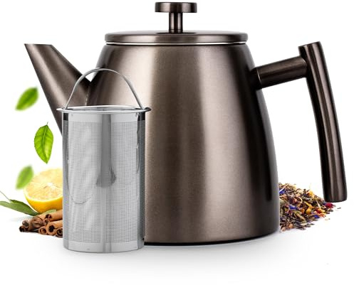 Vaja Trends Teekanne, 1L Doppelwandig Aus Gunmetal Edelstahl Mit Siebeinsatz, Mit Stövchen, Tea Maker, Teekanne Edelstahl