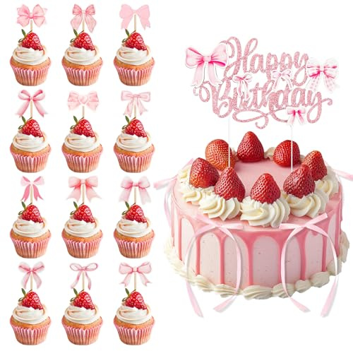LLMSIX 19 st rosa rosett tårtdekoration med grattis på födelsedagen-skylt, rosett cupcake-toppar, rosett grattis på födelsedagen tårtdekoration tillbehör tillbehör