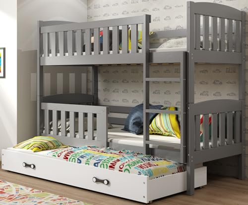 Interbeds Etagenbett 200x90 cm für 3 Kinder Stockbett Hochbett Holzbett Kiefernholz Kinderbett zusätzlicher Schlafplatz in der Schublade Jugenbett mit Lattenrost und Rausfallschutz (grau, 200x90)
