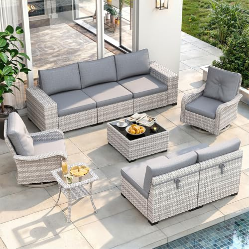 9 Piece Outdoor Wicker Rattan Sectional Sofa Set with Swivel Chairs, 7-Seats Conversation Set with 4 Thickened Cushions & Coffee Table, All-Weather PE Rattan for Garden, Backyard, Porch, Grey