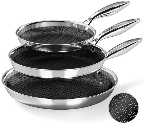 Kitchen Academy Stainless Steel Frying Pan Set Nonstick Induction Hob 3Pcs | 3-Ply 18/10 Non Stick Fry Pans, Dishwasher & Oven Safe, PFOA & PFAS Free (20cm+25cm+30cm)