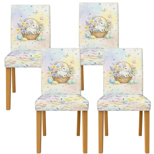 Stuhlhussen mit Hasenmotiv für Esszimmerstühle, ausgefallene Frühlingskorb, Eier, Ostern, Pastell-Spandex, waschbar, elastische Stuhlschoner, Dekoration für Esszimmer, Hotel, Einweihungsfeier, 4 Stück