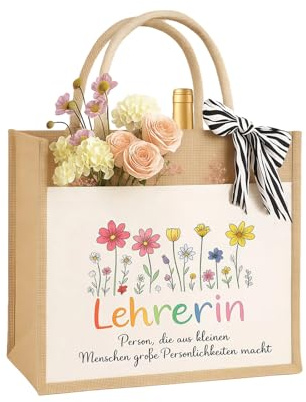 RgitFzi Jutetasche Erzieherin Geschenk, 26x22x14cm, Geschenk Lehrerin Tasche mit Blumen Motiv, Abschiedsgeschenk Erzieherin Danke, Praktische Tasche Erzieherin Dankeschön