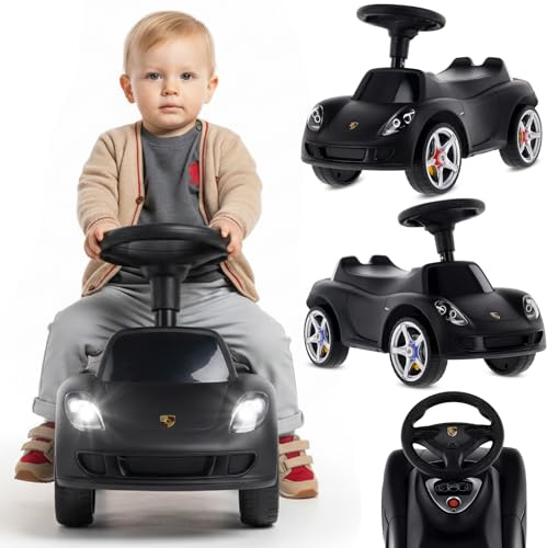 sun baby Rutschauto ab 18 Monaten – Porsche Carrera GT – Lenkrad mit Knöpfen, Scheinwerfer, realistische Aufkleber, bis 30 kg, Schwarz