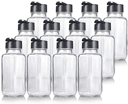 JUVITUS 8 oz / 240 ml Clear Glass Square Spice Jar with Black Sifter (12 pack) - Two Sided Sifter Cap (shaker holes/pour open) and Freshness Seal for a professional look