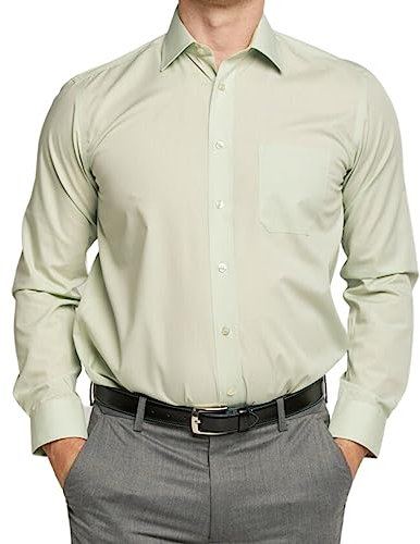 Double TWO Men's Long Sleeve Plain Formal Shirt Non Iron Classic Fit Business Dress Shirt - Sage, 22in Collar