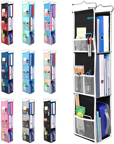 ABRA® 3 Shelf Hanging Locker Organizer for School, Work, Gym | Deep Shelves 6.5”x 9”| Eco-Friendly Fabric Healthy for Children | Adjustable School Locker Shelf from 3 to 2 Shelves (Black/White)