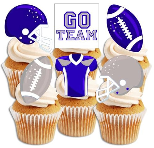 American Football Edible Cupcake Toppers - Blue and Silver Wafer Decorations for Game Day, Football Party, Sports Celebration Cake - PRECUT 2 Inch/5cm (Pack of 12)