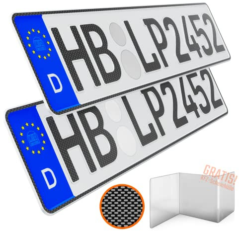 KFZ Kennzeichen Auto 2 Stück 52cm x 11cm in Carbon Optik Nummernschild 520mm x 110mm Wunschkennzeichen DIN Autokennzeichen Fahrradträger Anhänger LKW Wunschprägung amtliches Autoschild