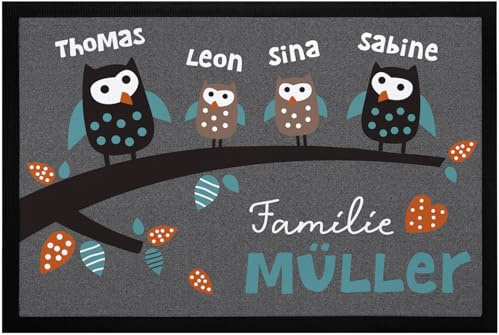 SpecialMe® Fußmatte Familie Wunschname Eulen mit Namen personalisierbar rutschfest & waschbar Weiss 60x40cm