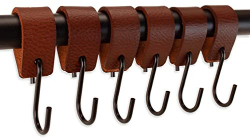 Brute Strength - Ganchos en forma de S multifuncionales de cuero - Coñac - 6 piezas - Gancho para abrigos - para la cocina, el baño, el dormitorio y la oficina