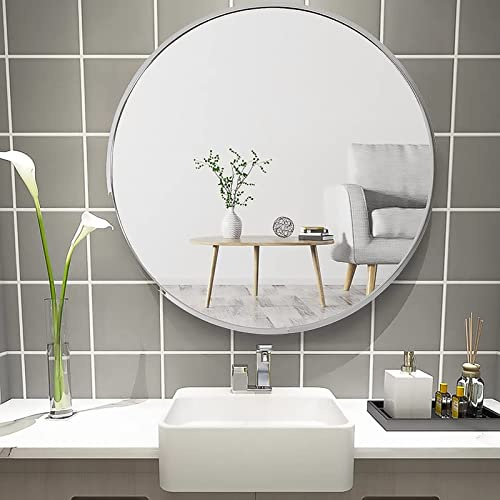 Warmiehomy Rund Spiegel 50cm Silber Wandspiegel mit Metallrahmen & Schrauben Modern Badzimmerspiegel zum Aufhängen für Bad Flur Wohnzimmer Deko