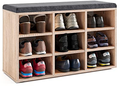 KOMTO Schuhbank mit Sitzfläche - Schuhregal Sonoma Eiche 80 x 50 x 30 cm Schuhschrank mit Sitzbank Flur Bank mit Stauraum Garderobenbank Sofia