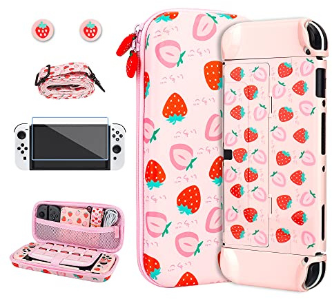 RHOTALL Étui de transport de fraise pour Nintendo Switch OLED, étui de voyage portable pour accessoires de Switch, coque de protection rose, bandoulière, protecteur d'écran et 2 capuchons de pouce