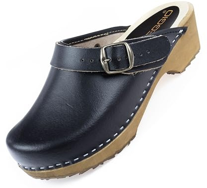 APREGGIO Damen Holz Clogs Hausschuhe Praktische Gartenclogs - Solid | Rutschfeste Gummisohle, 5 cm Absatz, Bequeme Hausschuhe - Praktische Gartenclogs - Solid Holzschuhe - Glattleder