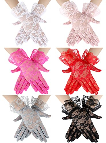 Geyoga 6 Pairs Women Lace Gloves Wedding Tea Party Gloves Halloween Elegant Short Novelty Accessories Vintage Wrist Decor(Adult Size, Colorful)