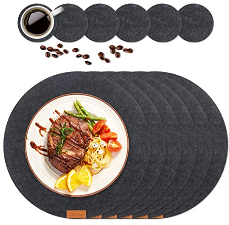 12er Set Premium Tischset Platzset aus Filz, 6 Rund Platzsets mit 6 Untersetzer Abwaschbar Hitzebeständig und rutschfest Tischuntersetzer Platzdeckchen für Küche, Partz, Hochzeit (Dunkelgrau)