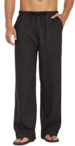 COOFANDY Herren Leinenhose mit Kordelzug Leichte Sommerhose Freizeithose Leinen Strandhosen Bequeme Herrenhose Lange Hosen Loose Fit Schwarz M