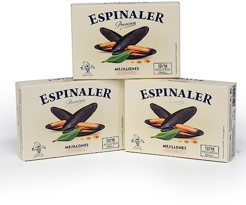 Mejillones Premium en Escabeche Espinaler - Pack de 3 latas de 12-16 piezas- Conservas Gourmet de mejillones en conserva de gran tamaño - Ideales para tu aperitivo