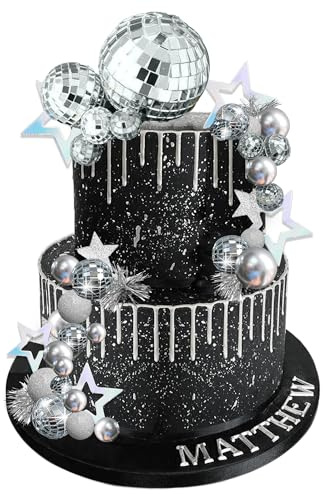 Disco Ball Cake Topper Mirror Balls Cake Decorations with Silver Stars Cake Topper for 70s 80s Disco Dance Saturday Night Fever Birthday Supplies (Style 1)