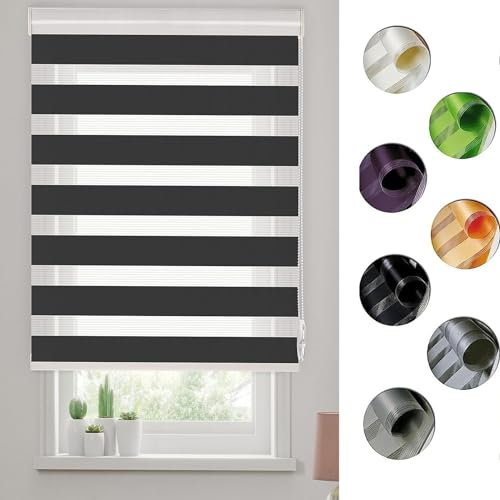Thermo Rollo Verdunklungsrollo 90 x 350 cm innen lichtdurchlässig & verdunkelnd, Duo Rollo Klemmrollo Sonnenschutzrollo mit Bohren Klemmfix für Fenster, Schwarz